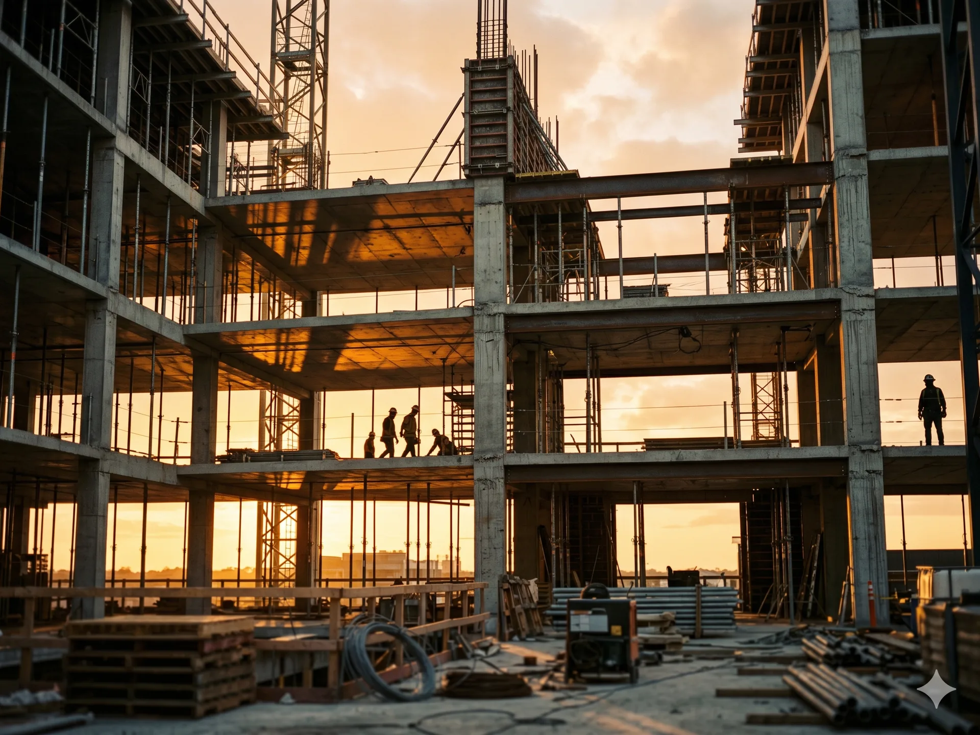 Mid-rise commercial construction site at golden hour