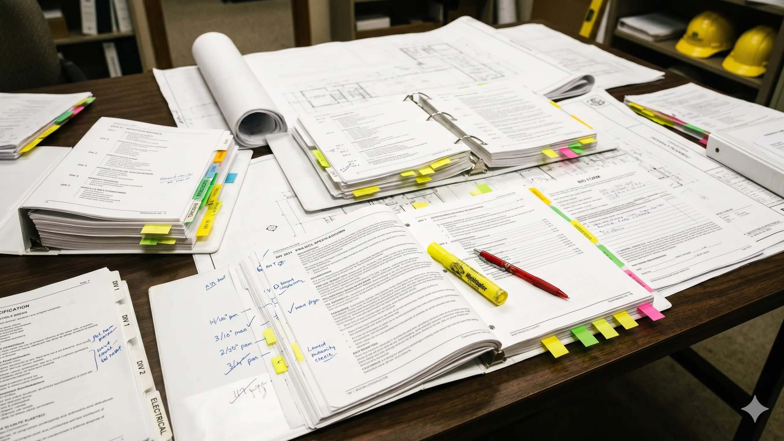 Large-format construction bid documents and specification booklets spread across a work table